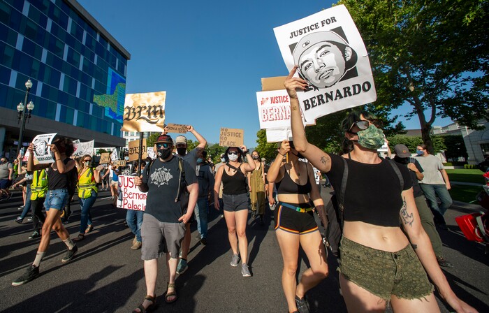 (Rick Egan  |  The Salt Lake Tribune)      Justice for Bernardo protesters march down 500 South, during a demonstration, in Salt Lake City, Tuesday, July 7, 2020.
