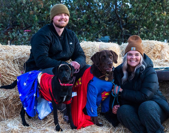 (Rick Egan  |  The Salt Lake Tribune)      Moto howls along with Carrie Bohnsack, during the "Dog Days in the Maze", at Wheeler Farm, Monday, Oct. 26, 2020.