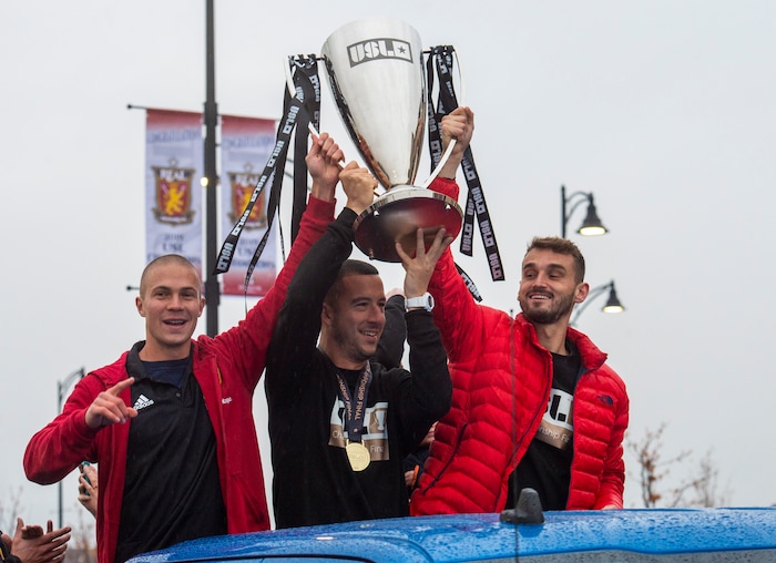 (Rick Egan  |  The Salt Lake Tribune)    The Real Monarchs celebrate their USL Cup Championship, during their championship parade at Lynn Crane Park in Herriman, Wednesday, Nov. 20, 2019.