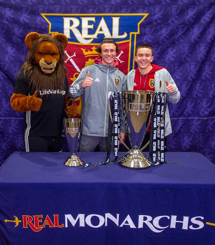 (Rick Egan  |  The Salt Lake Tribune)    The Real Monarchs celebrate their USL Cup Championship, during their championship parade at Lynn Crane Park in Herriman, Wednesday, Nov. 20, 2019.