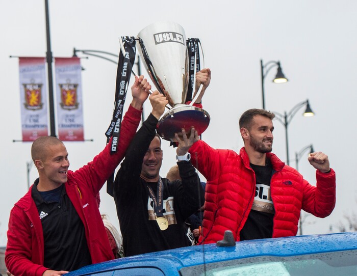 (Rick Egan  |  The Salt Lake Tribune)    The Real Monarchs celebrate their USL Cup Championship, during their championship parade at Lynn Crane Park in Herriman, Wednesday, Nov. 20, 2019.