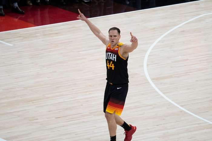 (Rick Egan | The Salt Lake Tribune) Utah Jazz forward Bojan Bogdanovic (44) reacts after sining a 3-pointer to but the Jazz up by 10 points late in the 4th quarter, in NBA action between the Utah Jazz and the LA Clippers, in game one in the second round of the NBA playoff series at Vivint Arena, on Tuesday, June 8, 2021.