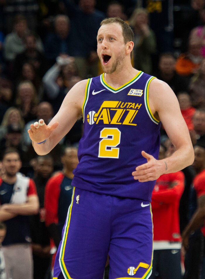 (Rick Egan  |  The Salt Lake Tribune)        Utah Jazz forward Joe Ingles (2) reacts after drawing a foul on a screen play with Washington Wizards forward Bobby Portis (5), in NBA action between the Utah Jazz and the Washington Wizards, in Salt Lake City, Friday, March 29, 2019.