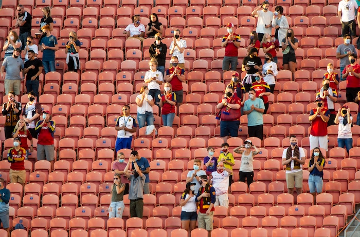 (Rick Egan  |  The Salt Lake Tribune)     Socially distanced fans cheer on Real Salt Lake  during MLS soccer action between Real Salt Lake and the Seattle Sounders, at Rio Tinto Stadium, Wednesday, Sept. 2, 2020.