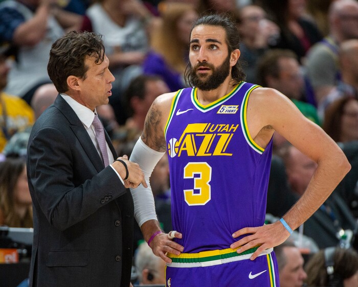 (Rick Egan  |  The Salt Lake Tribune)         Utah Jazz head coach Quin Snyder talks to Utah Jazz guard Ricky Rubio (3) late in the game, during a break in the action, in NBA action between the Utah Jazz and the Washington Wizards, in Salt Lake City, Friday, March 29, 2019.
