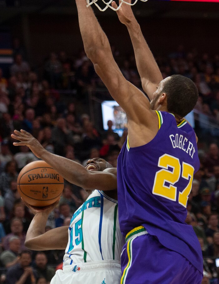 (Rick Egan  |  The Salt Lake Tribune)   Charlotte Hornets guard Kemba Walker (15) runs into Utah Jazz center Rudy Gobert (27), in NBA action between the Utah Jazz and the Charlotte Hornets, in Salt Lake City,  Monday, April 1, 2019.
