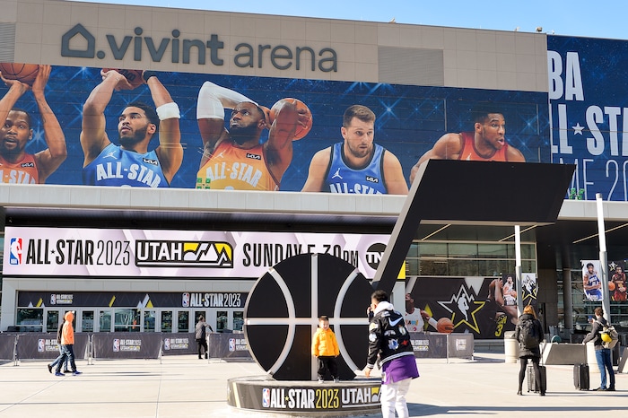 (Chris Samuels | The Salt Lake Tribune) Fans walk around Vivint Arena ahead of the All-Star Game in Salt Lake City, Friday, Feb. 17, 2023.