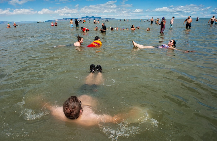 (Rick Egan  |  The Salt Lake Tribune)       Participants float in the Great Salt Lake Saturday, June 8, 2019.  The cool temperatures resulted in acrowd of around 300 people, so the attempt to break the world record was turned into a polar plunge.