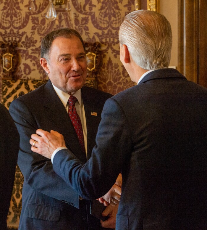 (Rick Egan  |  The Salt Lake Tribune)       Gov. Gary Herbert hakes hands with Wayne Niederhauser, after a news conference announcing Utah's next steps towards an Olympic and Paralympic Winter Games, at the Utah State Capitol, Wednesday, Feb. 12, 2020.