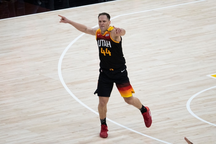 (Rick Egan | The Salt Lake Tribune) Utah Jazz forward Bojan Bogdanovic (44) reacts after sining a 3-pointer to but the Jazz up by 10 points late in the 4th quarter, in NBA action between the Utah Jazz and the LA Clippers, in game one in the second round of the NBA playoff series at Vivint Arena, on Tuesday, June 8, 2021.