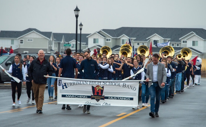 (Rick Egan  |  The Salt Lake Tribune)    The The Herriman High School Band marches as at the Real Monarchs celebrate their USL Cup Championship, during their championship parade at Lynn Crane Park in Herriman, Wednesday, Nov. 20, 2019.
