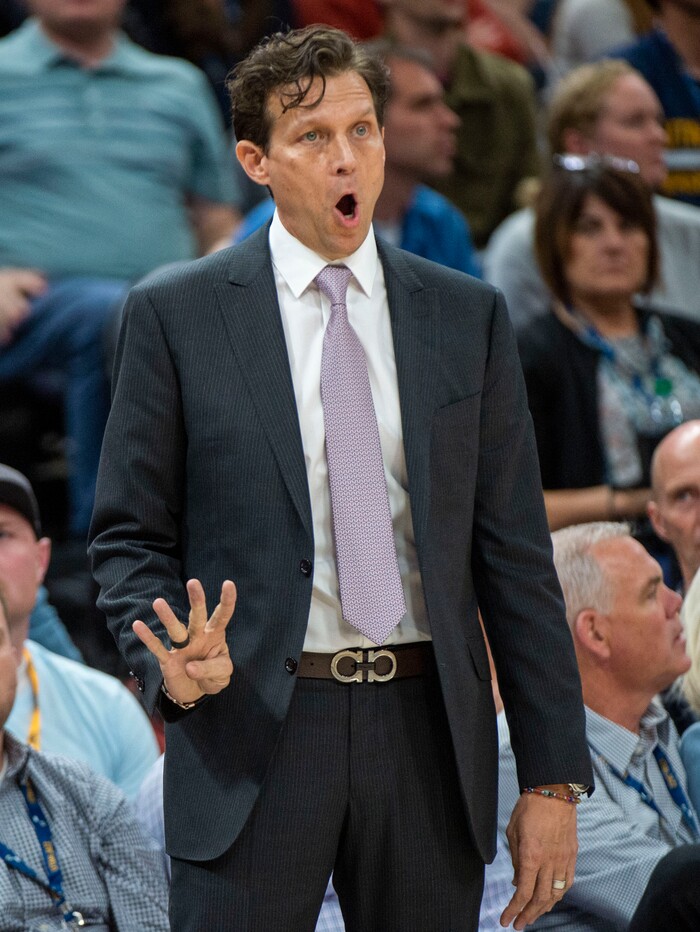 (Rick Egan  |  The Salt Lake Tribune)        Utah Jazz head coach Quin Snyder shouts instructions to his team, in NBA action between the Utah Jazz and the Washington Wizards, in Salt Lake City, Friday, March 29, 2019.