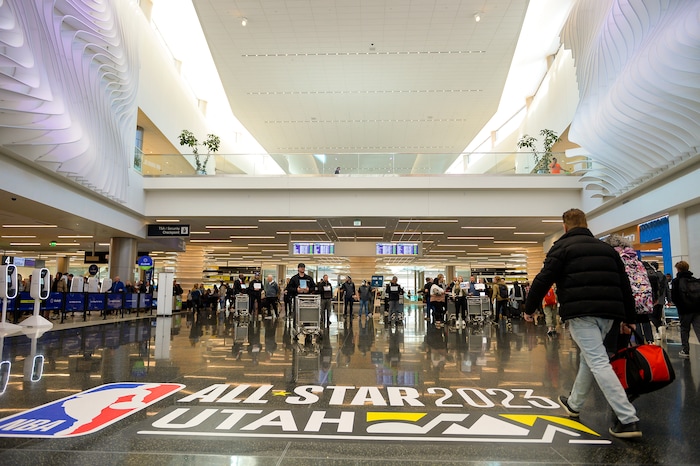 (Chris Samuels | The Salt Lake Tribune) All-Star Game signage at Salt Lake City International Airport, Friday, Feb. 17, 2023.