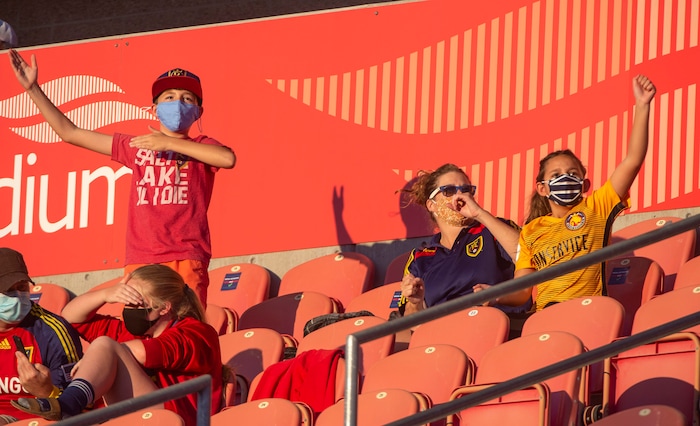 (Rick Egan  |  The Salt Lake Tribune)     Socially distanced fans cheer on Real Salt Lake  during MLS soccer action between Real Salt Lake and the Seattle Sounders, at Rio Tinto Stadium, Wednesday, Sept. 2, 2020.
