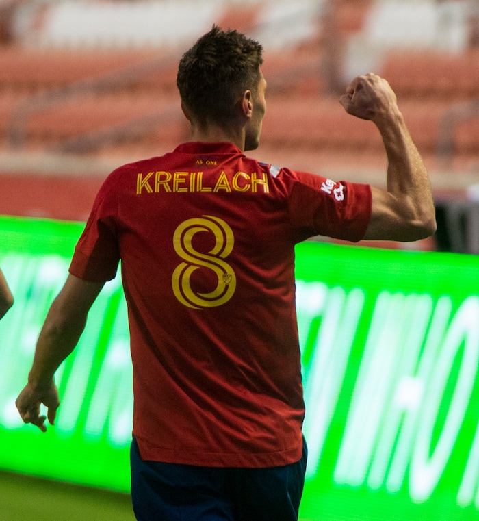 (Rick Egan  |  The Salt Lake Tribune)   Real Salt Lake midfielder Damir Kreilach (8) reacts after scoring a goal for Real Salt Lake in the first period, in MLS soccer action between Real Salt Lake and Los Angeles FC at Rio Tinto Stadium, on Wednesday, Sept. 9, 2020.