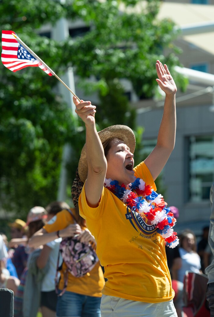 (Rick Egan  |  The Salt Lake Tribune)   Lisa Lawton, from Layton, celebrates as the US women's team defeats the Netherlands  2-0 in the World Cup final, during a watch party at the Gallivan Center in Salt Lake, Sunday, July 7, 2019.