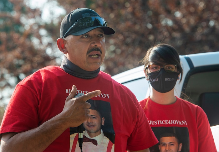 (Rick Egan  |  The Salt Lake Tribune)     Juan Mercado, father of Jovany Mercado, speaks to the crowd during the Dance Dance for Revolution protest for racial equality, on Sunday, Aug. 23, 2020. The protest was in memory of Jovany Mercado who was shot last August by Ogden police by four officers, hitting his body sixteen times.