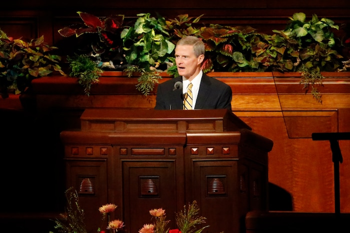 (Rick Bowmer  |  AP) David A. Bednar, a member of a top governing board called the Quorum of the Twelve Apostles, speaks during The Church of Jesus Christ of Latter-day Saints' twice-annual church conference Saturday, Oct. 5, 2019, in Salt Lake City.