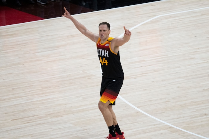 (Rick Egan | The Salt Lake Tribune) Utah Jazz forward Bojan Bogdanovic (44) reacts after sining a 3-pointer to but the Jazz up by 10 points late in the 4th quarter, in NBA action between the Utah Jazz and the LA Clippers, in game one in the second round of the NBA playoff series at Vivint Arena, on Tuesday, June 8, 2021.