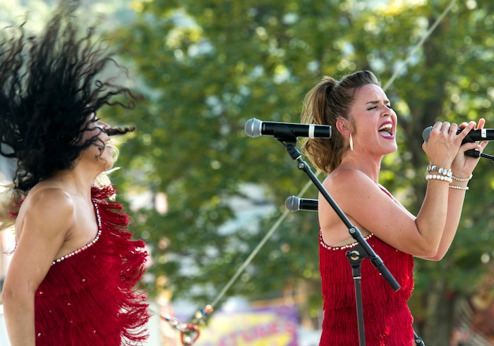 (Rick Egan  |  The Salt Lake Tribune)      Divas through the Decades perform at the Gazebo stage, on opening day of the Utah State Fair, Thursday, Sept. 6, 2018.