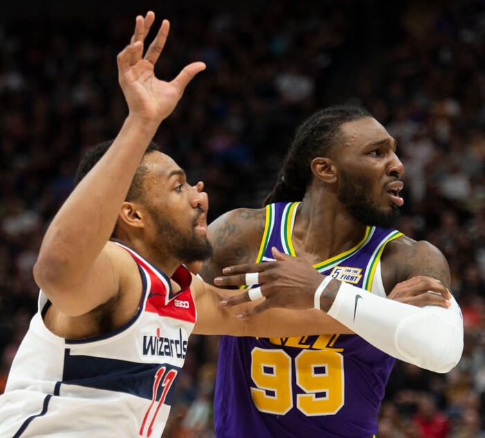 (Rick Egan  |  The Salt Lake Tribune)        Utah Jazz forward Jae Crowder (99) is called for a technical foul as he jockey's for position with Washington Wizards forward Jabari Parker (12), in NBA action between the Utah Jazz and the Washington Wizards, in Salt Lake City, Friday, March 29, 2019.