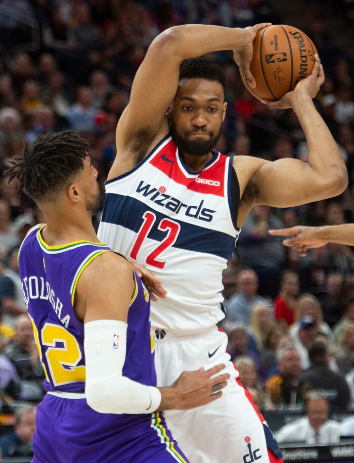 (Rick Egan  |  The Salt Lake Tribune)        Utah Jazz forward Thabo Sefolosha (22) guards Washington Wizards forward Jabari Parker (12), in NBA action between the Utah Jazz and the Washington Wizards, in Salt Lake City, Friday, March 29, 2019.