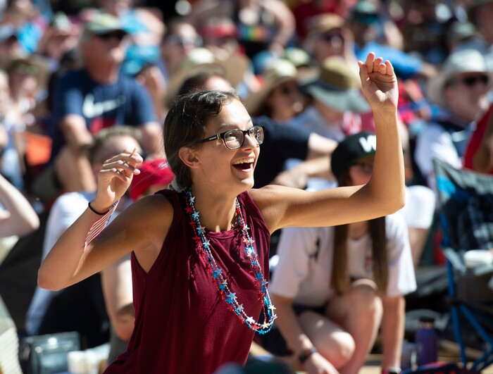 (Rick Egan  |  The Salt Lake Tribune)   Kate Phippen from Layton, cheers as the US women's team plays the Netherlands in the World Cup final, during a watch party at the Gallivan Center in Salt Lake, Sunday, July 7, 2019.