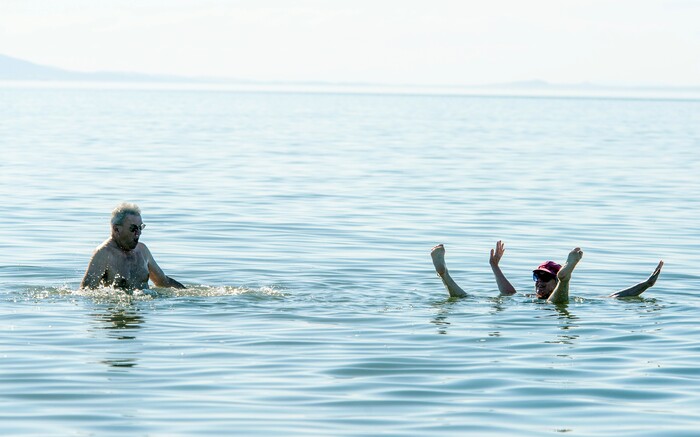 (Rick Egan  |  The Salt Lake Tribune)   Wiestaw Grabarcvyk and Johanna Kowalewska from Warsaw, Poland enjoy the warm fall weather as they float in the Great Salt Lake, Wednesday, Sept. 18, 2019.