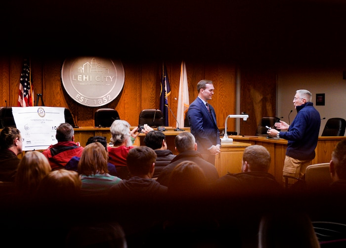 (Leah Hogsten  |  The Salt Lake Tribune)  Congressman Ben McAdams met with his constituents in Utah County during his second town hall at Lehi City Council chambers, Feb. 19, 2019 to answer their questions and concerns.