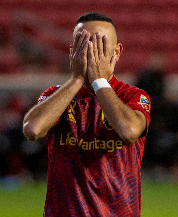 (Rick Egan  |  The Salt Lake Tribune)     Forward Justin Meram (9) reacts after missing a goal for Real Salt Lake in the first period, in MLS soccer action between Real Salt Lake and Los Angeles FC at Rio Tinto Stadium, on Wednesday, Sept. 9, 2020.