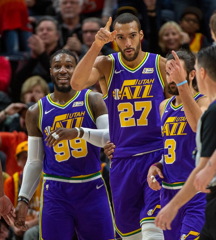 (Rick Egan  |  The Salt Lake Tribune)         Rudy Gobert (27) reacts after scoring on a layup as he was fouled by Washington Wizards guard Jordan McRae (52), in NBA action between the Utah Jazz and the Washington Wizards, in Salt Lake City, Friday, March 29, 2019.