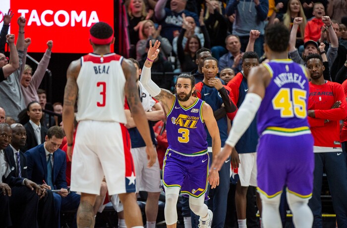 (Rick Egan  |  The Salt Lake Tribune)        Utah Jazz guard Ricky Rubio (3) reacts after scoring a big 3-point shot late in the 4th quarter, in NBA action between the Utah Jazz and the Washington Wizards, in Salt Lake City, Friday, March 29, 2019.
