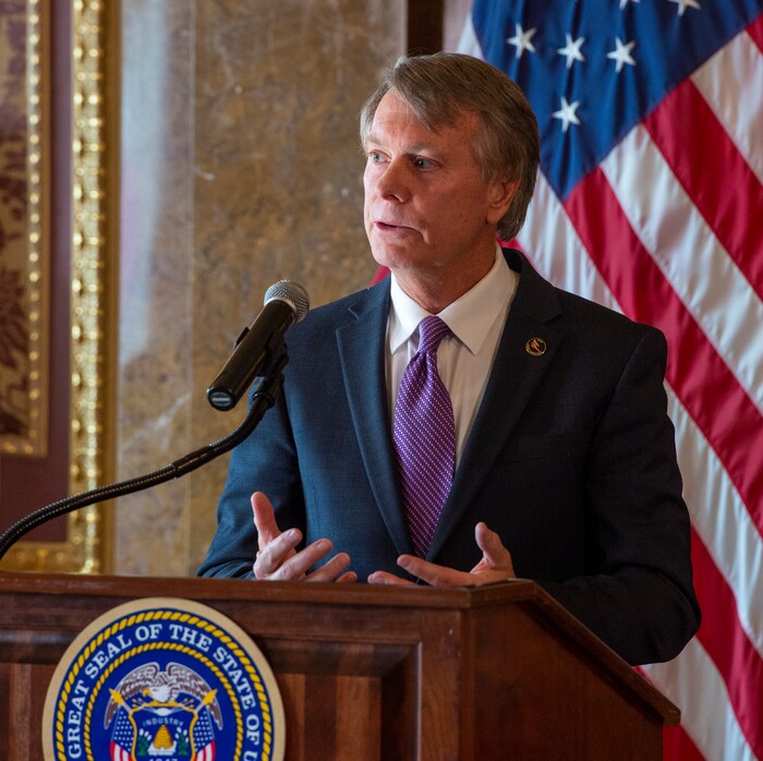 (Rick Egan  |  The Salt Lake Tribune)       Jeff Robbins Vice Chair, Salt Lake City-Utah committee for the Games, says a few words, during a news conference announcing Utah's next steps towards an Olympic and Paralympic Winter Games, at the Utah State Capitol, Wednesday, Feb. 12, 2020.