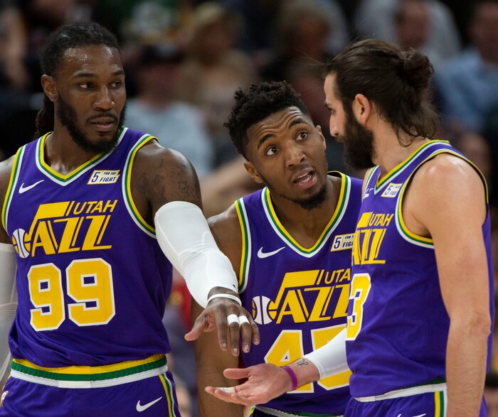 (Rick Egan  |  The Salt Lake Tribune)   Utah forward Jae Crowder (99) Donovan Mitchell (45) and Utah Jazz guard Ricky Rubio (3) have a chat during a time out, in NBA action between the Utah Jazz and the Charlotte Hornets, in Salt Lake City,  Monday, April 1, 2019.
