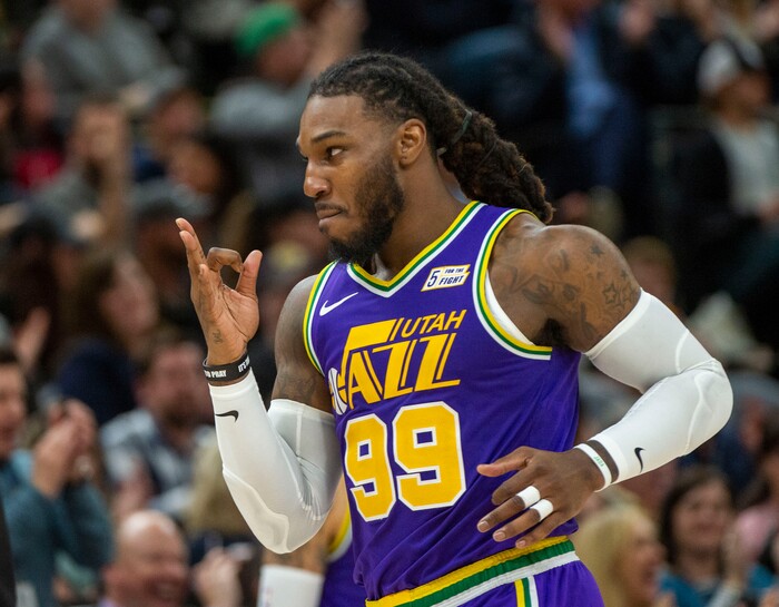 (Rick Egan  |  The Salt Lake Tribune)        Utah Jazz forward Jae Crowder (99) responds after sinking a 3-point shot, in NBA action between the Utah Jazz and the Washington Wizards, in Salt Lake City, Friday, March 29, 2019.