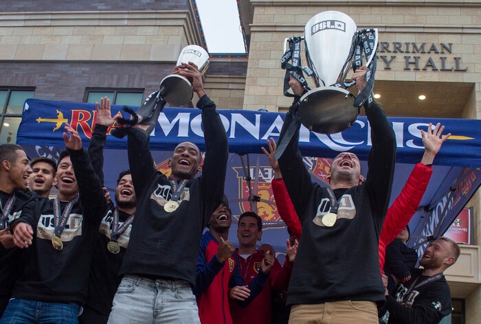 (Rick Egan  |  The Salt Lake Tribune)    The Real Monarchs celebrate their USL Cup Championship, during their championship parade at Lynn Crane Park in Herriman, Wednesday, Nov. 20, 2019.