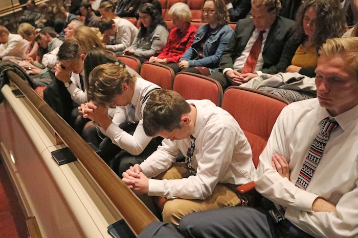 (Rick Bowmer  |  AP) People pray during The Church of Jesus Christ of Latter-day Saints' twice-annual church conference Saturday, Oct. 5, 2019, in Salt Lake City. President Russell M. Nelson has rolled out a dizzying number of policy changes during his first two years at the helm of the faith, leading to heightened anticipation for what he may announce at this weekend's conference in Salt Lake City.