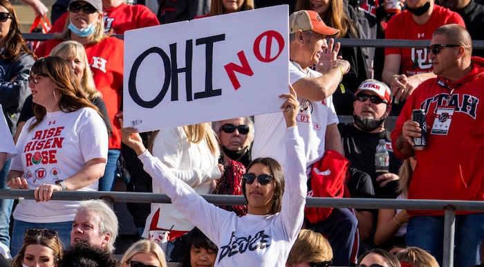(Rick Egan | The Salt Lake Tribune) 
Ute fans cheer from the stands during team warmups, before football action between the Utah Utes and the Ohio State Buckeyes at the Rose Bowl in Pasadena, Calif., on Saturday, Jan. 1, 2022.