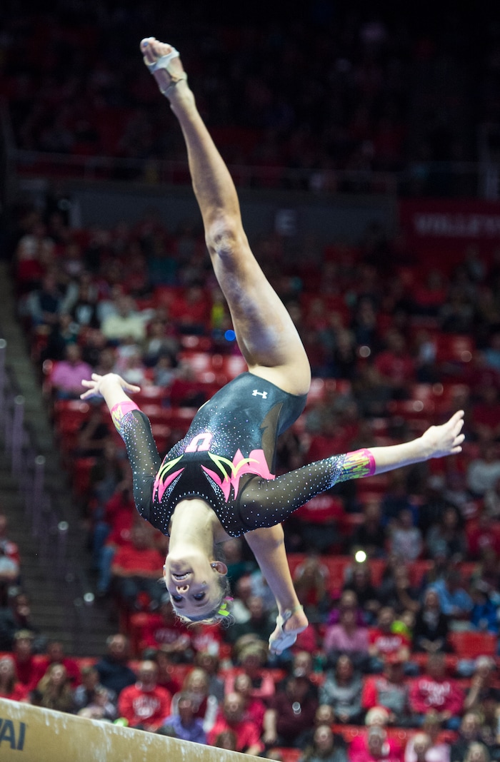 (Rick Egan  |  The Salt Lake Tribune)  MaKenna Merrell-Giles competes on the beam for Utah, in Gymnastics action Utah vs. Oregon State at the Jon M. Huntsman Center, Friday, January 19, 2018.