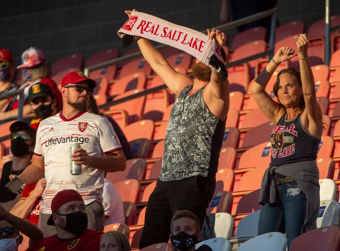 (Rick Egan  |  The Salt Lake Tribune)     Socially distanced fans cheer on Real Salt Lake  during MLS soccer action between Real Salt Lake and the Seattle Sounders, at Rio Tinto Stadium, Wednesday, Sept. 2, 2020.