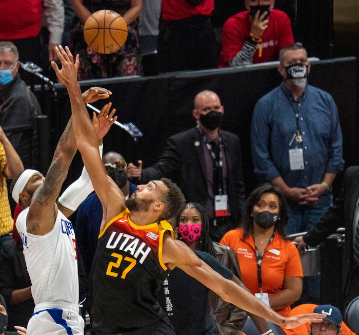 (Rick Egan | The Salt Lake Tribune) Utah Jazz center Rudy Gobert (27) blocks a shot by LA Clippers forward Marcus Morris Sr. (8) with seconds left in Game One of the second round of the NBA playoffs at Vivint Arena, on Tuesday, June 8, 2021.