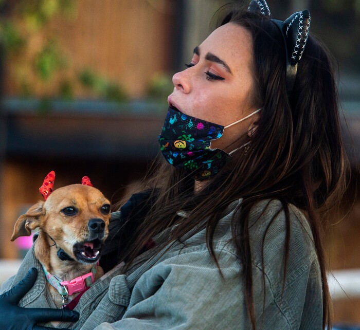 (Rick Egan  |  The Salt Lake Tribune)     Ava Veater howls with her dog Khaya during "Dog Days in the Maze", at Wheeler Farm, Monday, Oct. 26, 2020.