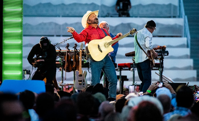 (Isaac Hale | Special to The Tribune) Garth Brooks performs with his band during a stop on their stadium tour held at Rice-Eccles Stadium in Salt Lake City on Saturday, July 17, 2021.