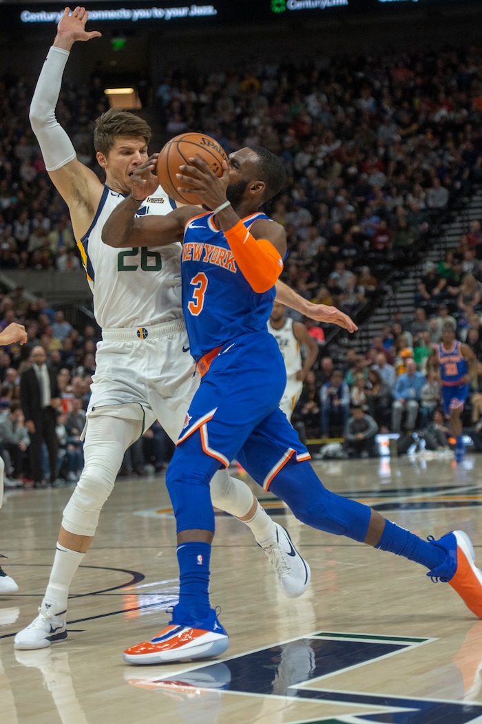 (Rick Egan  |  The Salt Lake Tribune)    New York Knicks guard Tim Hardaway Jr. (3) drives with the ball, as Utah Jazz guard Kyle Korver (26) defends, in NBA action between Utah Jazz and New York Knicks, in Salt Lake City, Saturday, Dec. 29, 2018.