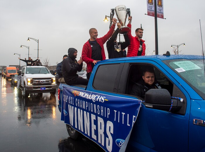 (Rick Egan  |  The Salt Lake Tribune)    The Real Monarchs celebrate their USL Cup Championship, during their championship parade at Lynn Crane Park in Herriman, Wednesday, Nov. 20, 2019.