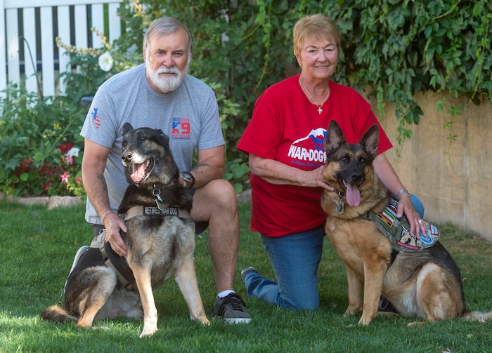 (Rick Egan | The Salt Lake Tribune)  Jim and Linda Crismer, who adopted two veteran military canines Mazzie and Geli from Kuwait, are photographed Wednesday, Aug. 28, 2019. The dogs were rescued part of an effort to save dogs abandoned by the U.S. military after their handlers return home from duty.