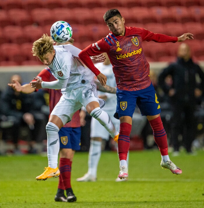 (Rick Egan  |  The Salt Lake Tribune)  Los Angeles FC midfielder Bryce Duke (19) goes for the ball along with Real Salt Lake midfielder Pablo Ruiz (6), in MLS soccer action between Real Salt Lake and Los Angeles FC at Rio Tinto Stadium, on Wednesday, Sept. 9, 2020.