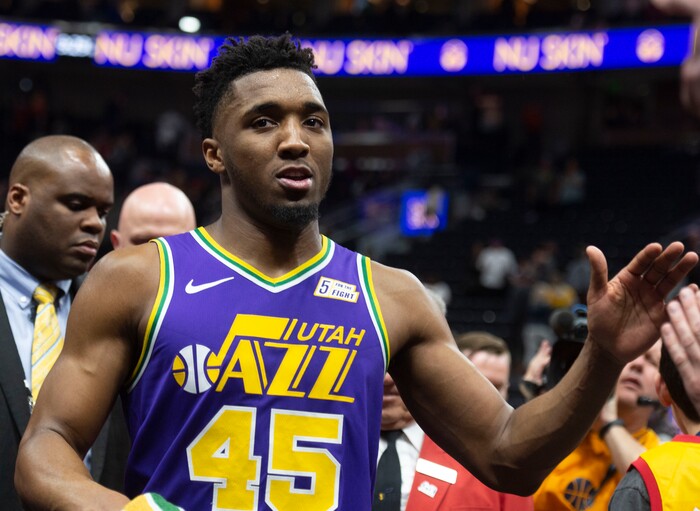 (Rick Egan  |  The Salt Lake Tribune)        Utah Jazz guard Donovan Mitchell (45) heads to the locker room after scoring a game high 35 points, in NBA action between the Utah Jazz and the Washington Wizards, in Salt Lake City, Friday, March 29, 2019.