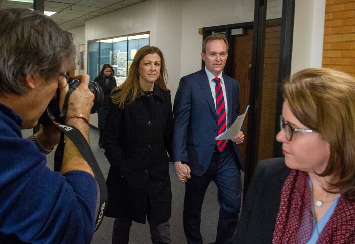 (Rick Egan  |  The Salt Lake Tribune)  Ben McAdams leaves with his wife Julie, after announcing that he will vote yes, on the House impeachment vote, during news conference at Murray City Hall, Monday, Dec. 16, 2019.