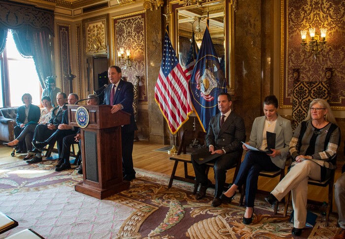 (Rick Egan  |  The Salt Lake Tribune)       Gov. Gary Herbert says a few words, during a news conference announcing Utah's next steps towards an Olympic and Paralympic Winter Games, at the Utah State Capitol, Wednesday, Feb. 12, 2020.